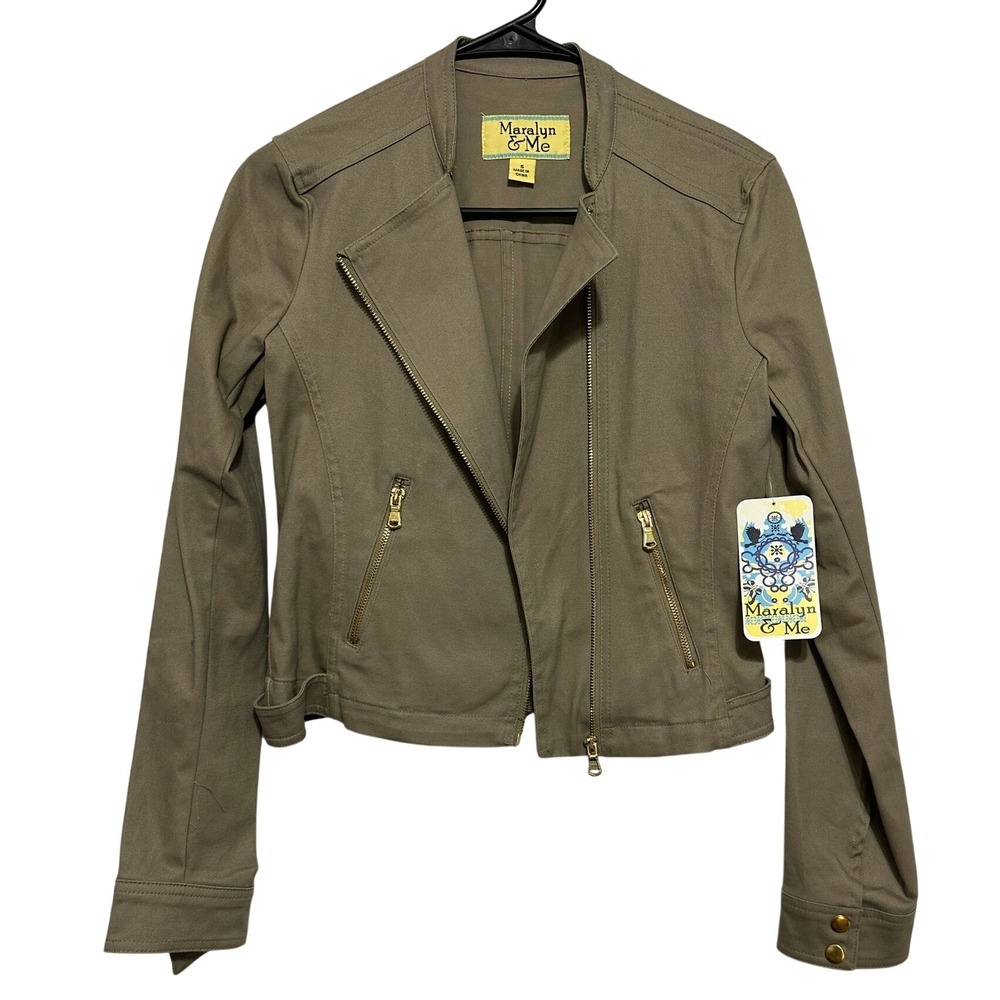 Maralyn & Me Moto Jacket Womens Small Olive Green Asymmetrical Zip Cotton Blend